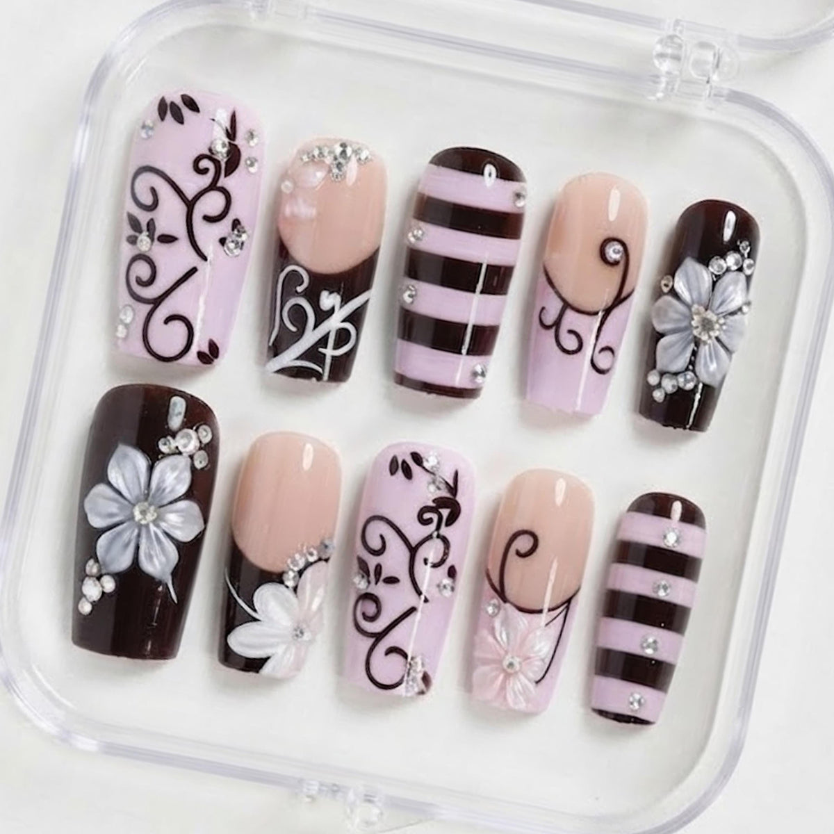 Lavender, Blush and Chocolate Brown Floral Swirl Press On Nails