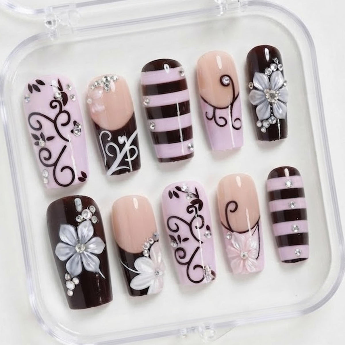 Lavender, Blush and Chocolate Brown Floral Swirl Press On Nails