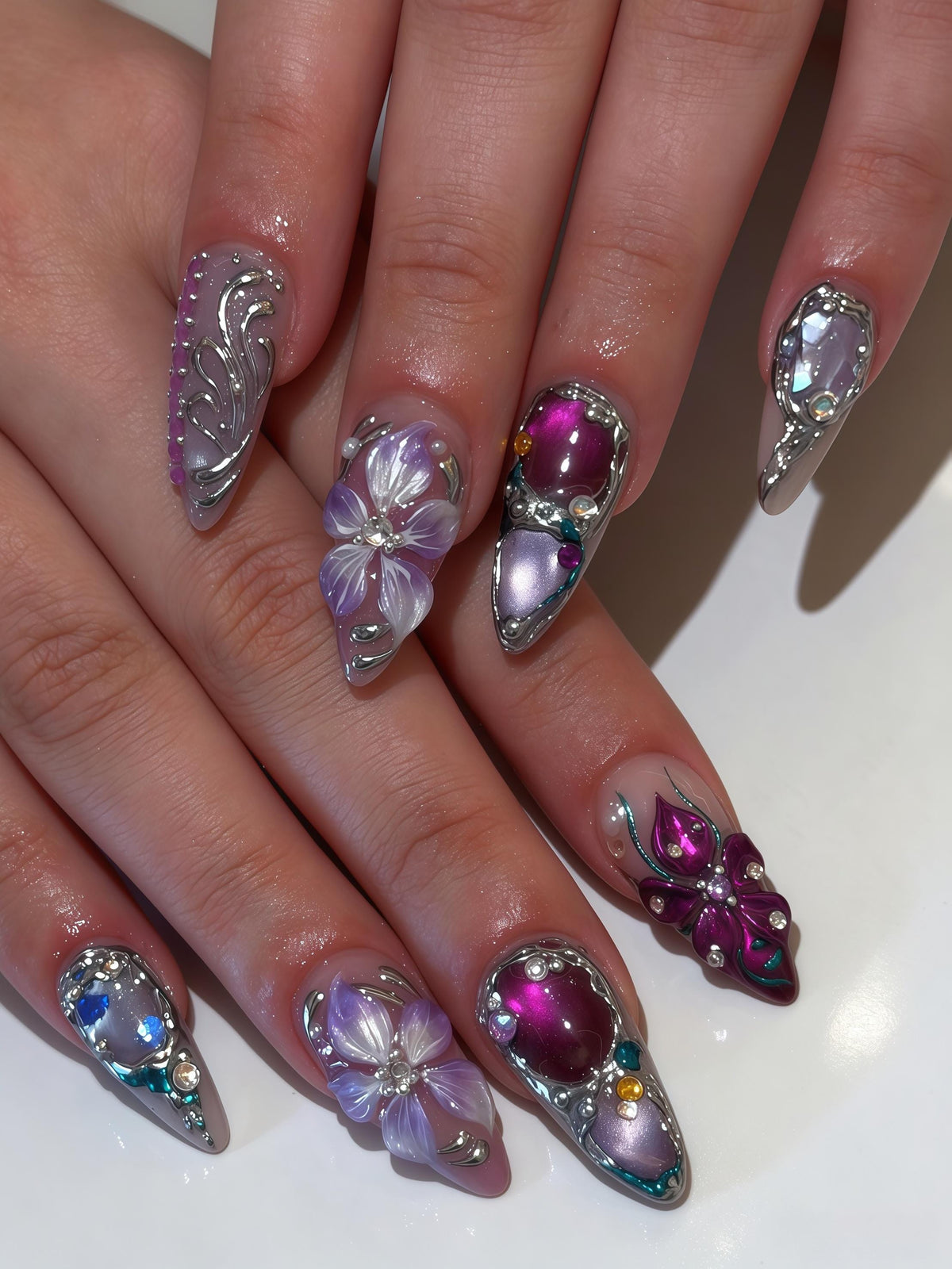 Lavender Butterfly and Raised Flower Nails with Silver Scrollwork and Rhinestones