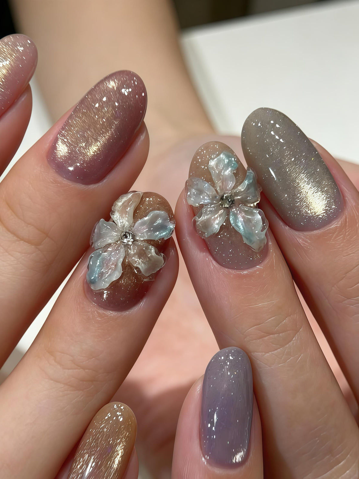 Lavender Cat Eye Press-On Nails with Iridescent 3D Flower Charms