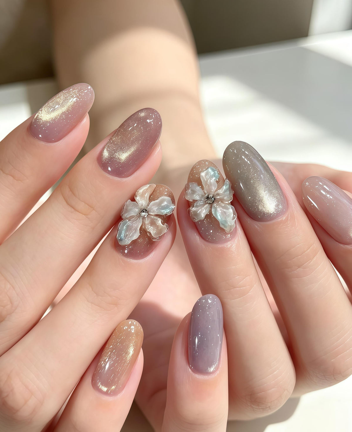 Lavender Cat Eye Press-On Nails with Iridescent 3D Flower Charms