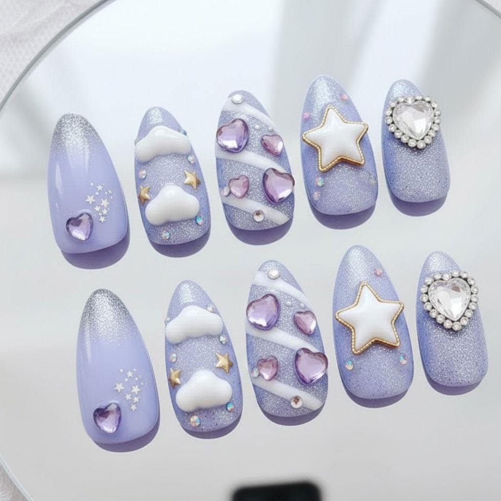 Lavender Glitter Cloud, Star and Heart Rhinestone Nail Set