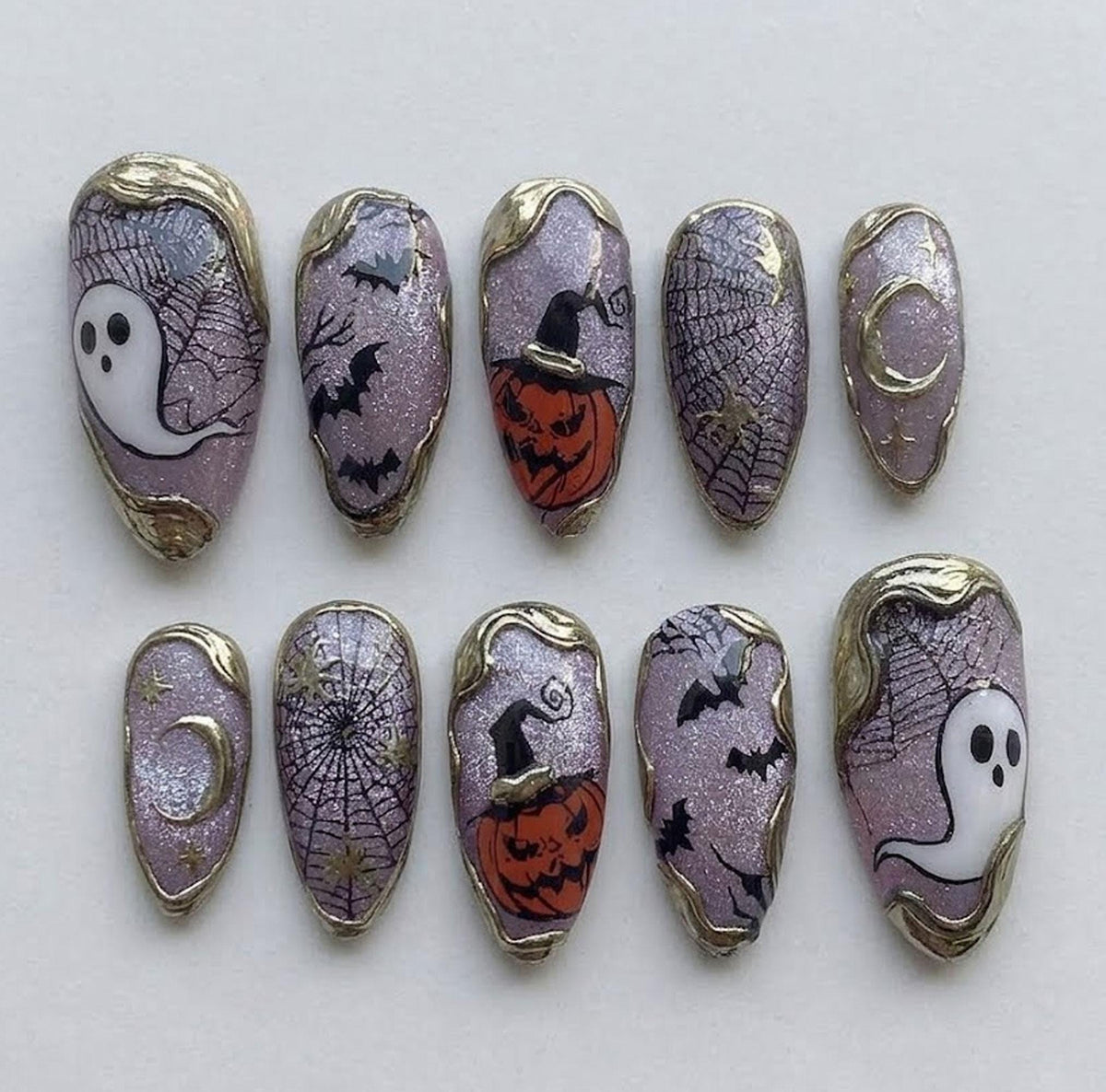 Lavender Glitter Halloween Press-On Nails With Ghosts, Bats and Gold Frames