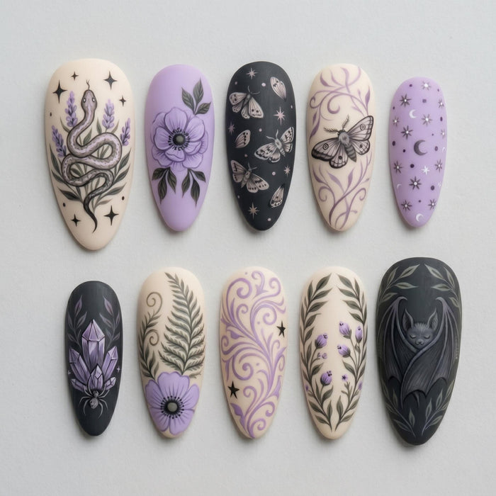 Lavender Gothic Botanical Press On Nails with Snakes, Moths, Crystals and Celestial Art