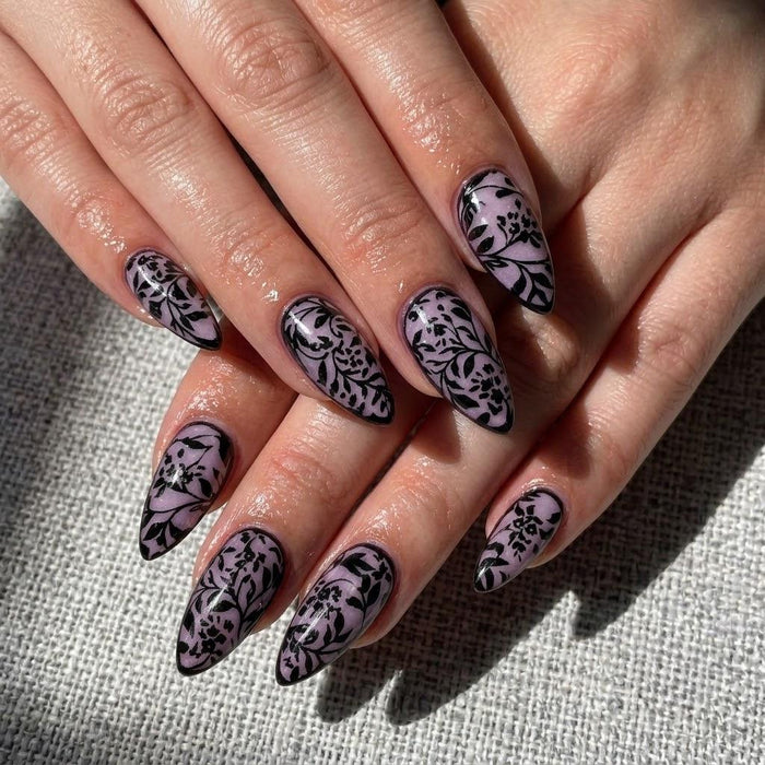 Lavender Purple Press On Nails with Black Floral Lace Patterns