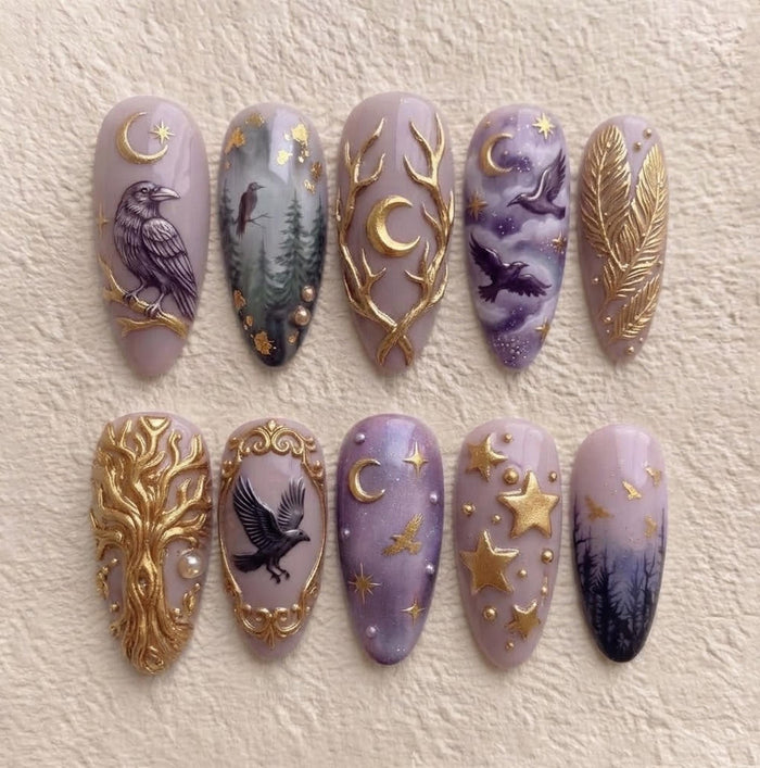 Lavender Raven and Celestial Forest Press-On Nail Set With Raised Gold Details