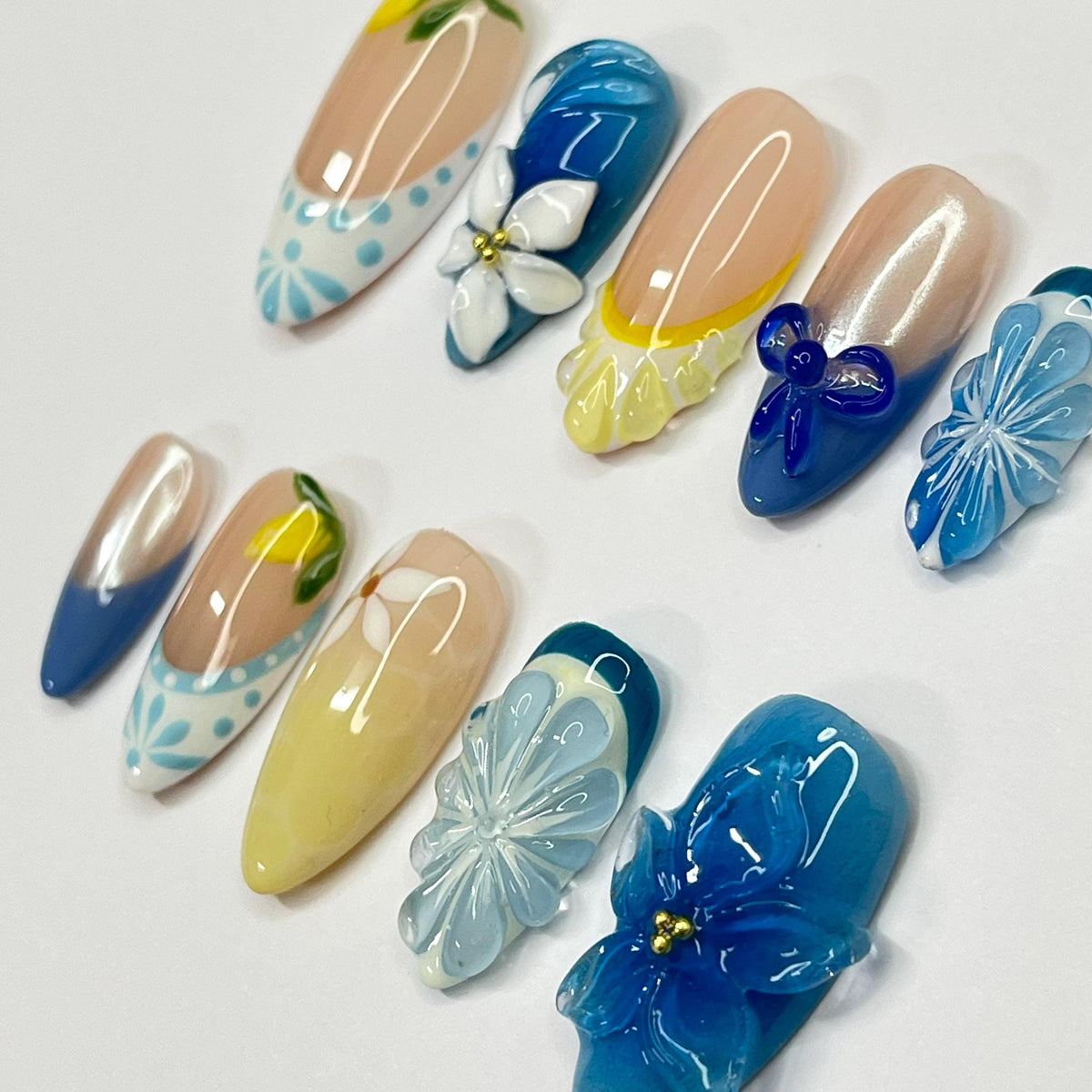 Lemon and Plumeria Summer Vacation Press On Nails with Raised Flowers and Bow