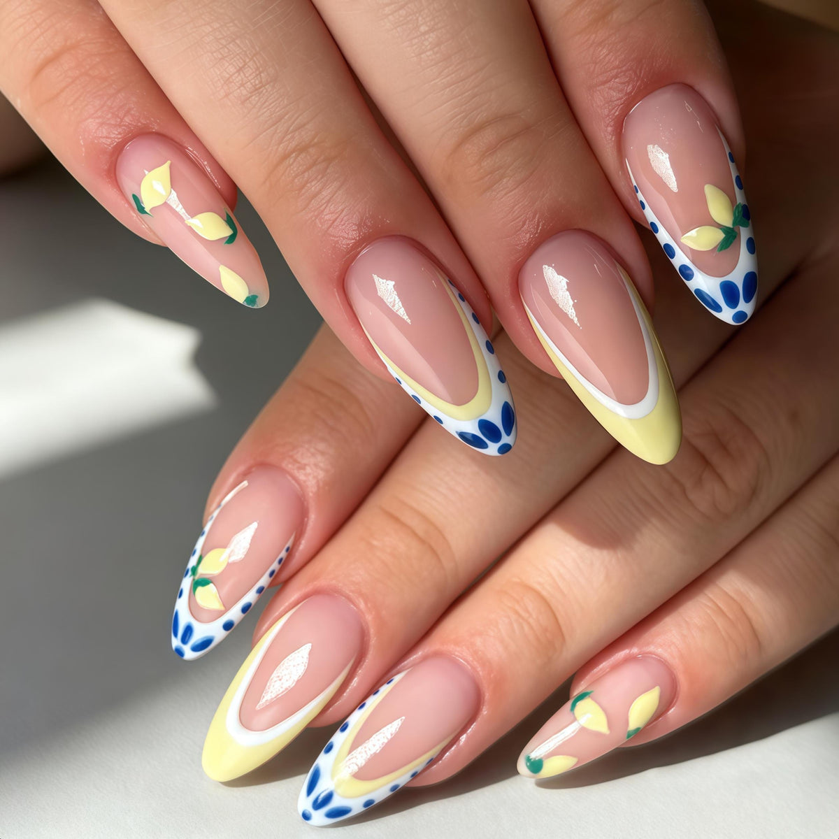 Lemon Blue Polka Dot French Tip Summer Nail Set