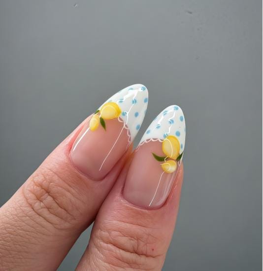 Lemon, Blueberry & Orange Fruit Nail Set With Blue Plaid Tips