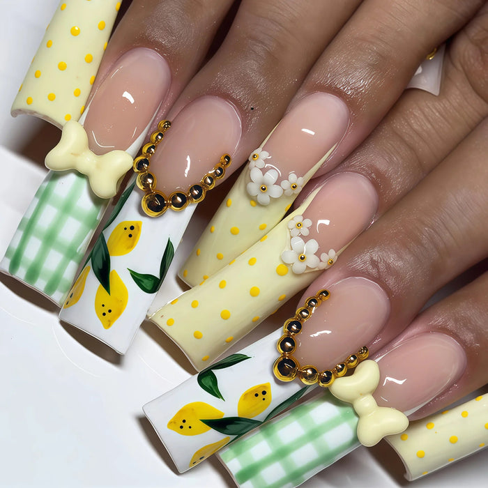 Lemon Gingham Press On Nails with Yellow Polka Dots, Bows and Flowers