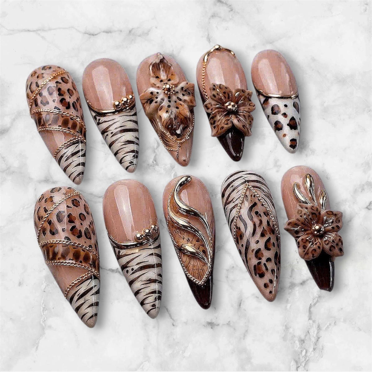 Leopard and Zebra Print Nails with 3D Brown Flowers and Metallic Trim