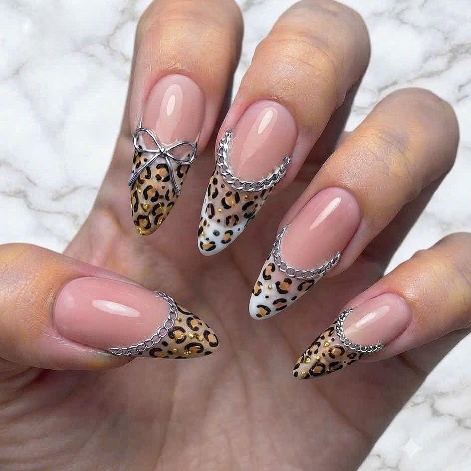 Leopard French Tip Press On Nails With Silver Chain Details and Bow