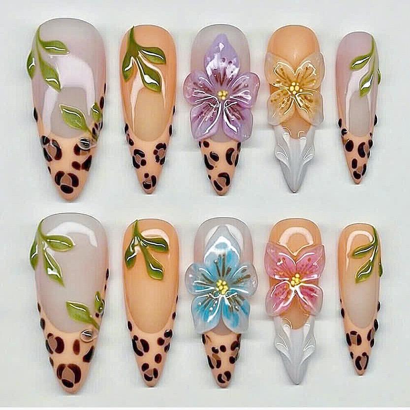 Leopard Print and 3D Floral Press On Nails with Jeweled Centers