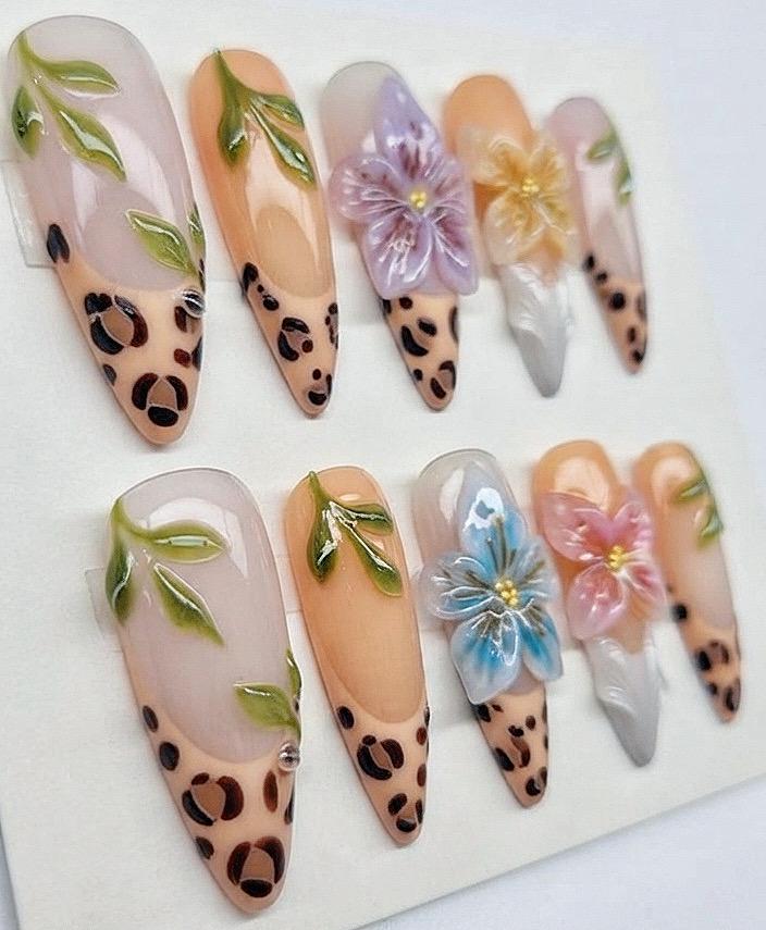 Leopard Print and 3D Floral Press On Nails with Jeweled Centers