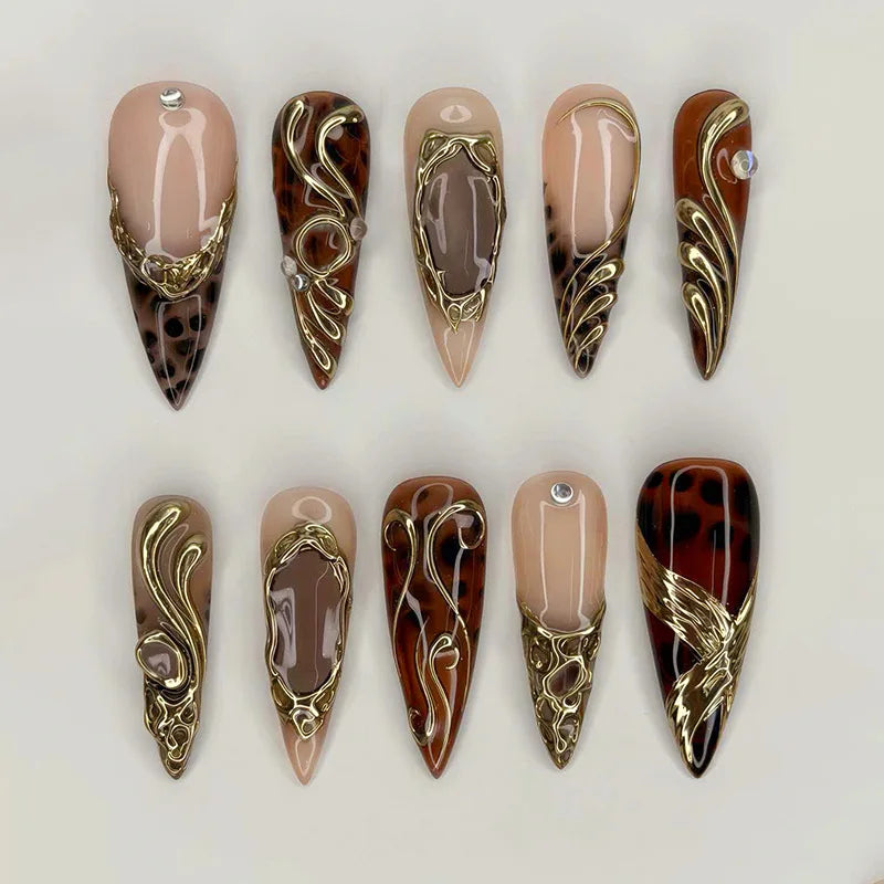 Leopard Print and Gold Filigree Chrome Nail Set