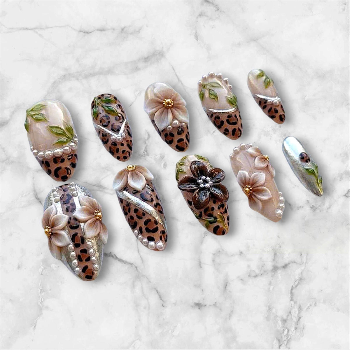Leopard Print Floral Press-On Nails with Pearl Chrome Details