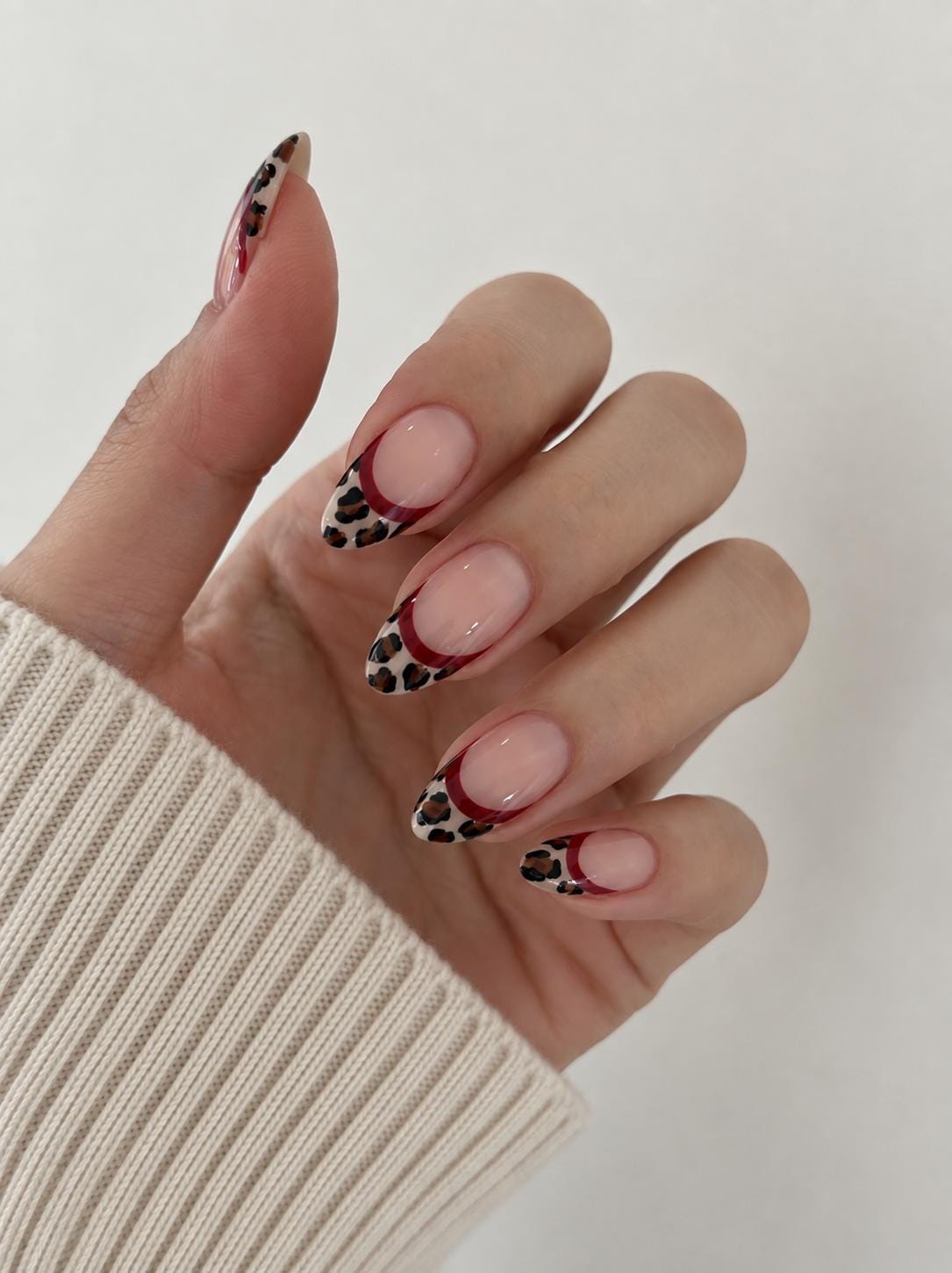 Leopard Print French Tip Nails With Burgundy Borders
