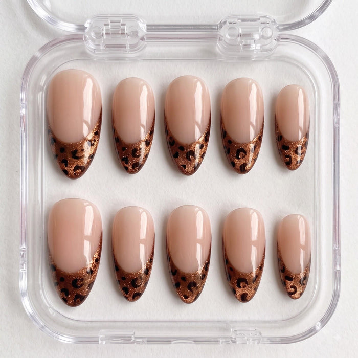 Leopard Print French Tip Press On Nails in Glossy Nude Pink
