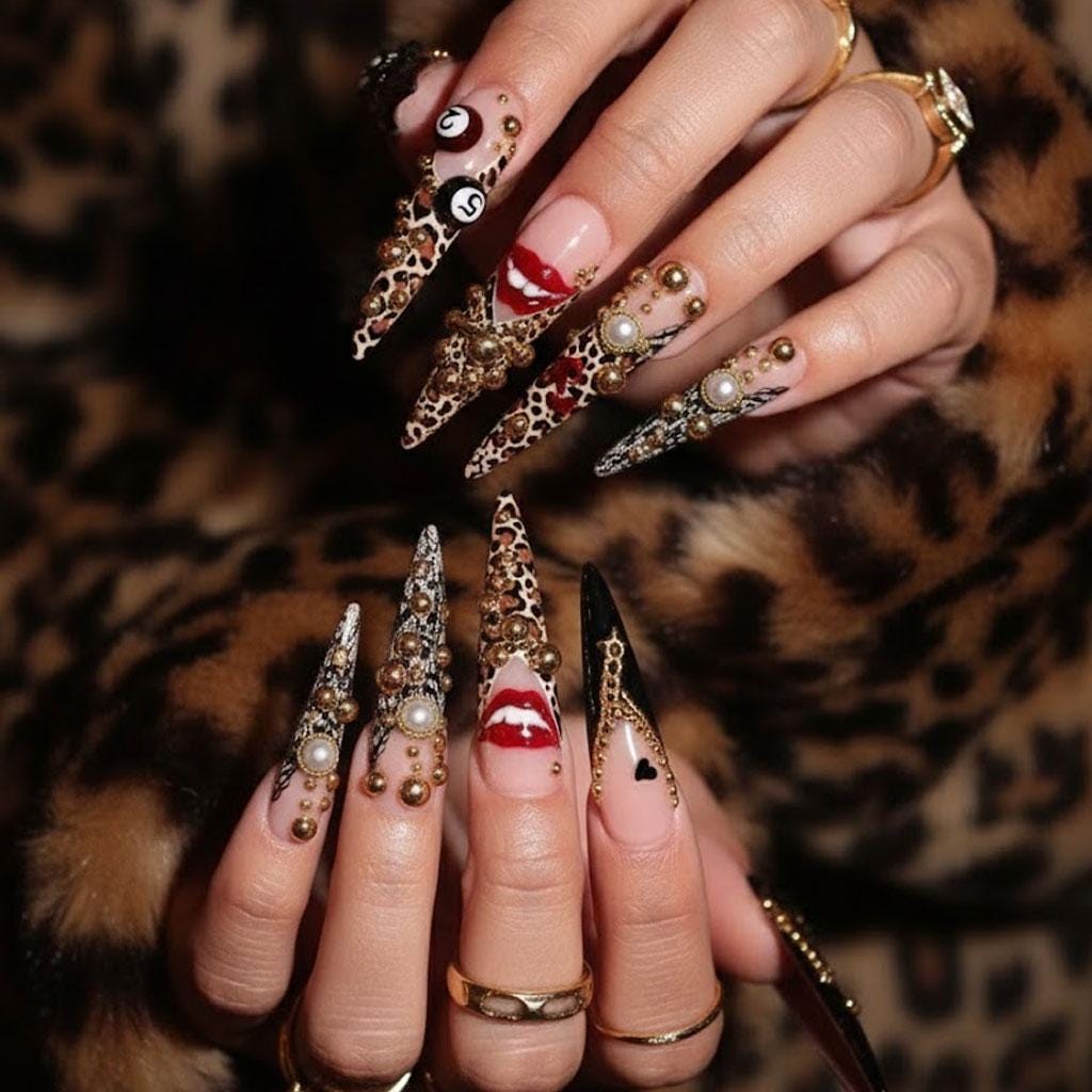 Leopard Print Lips Press-On Nails With Gold Outlines and Pearl Accents
