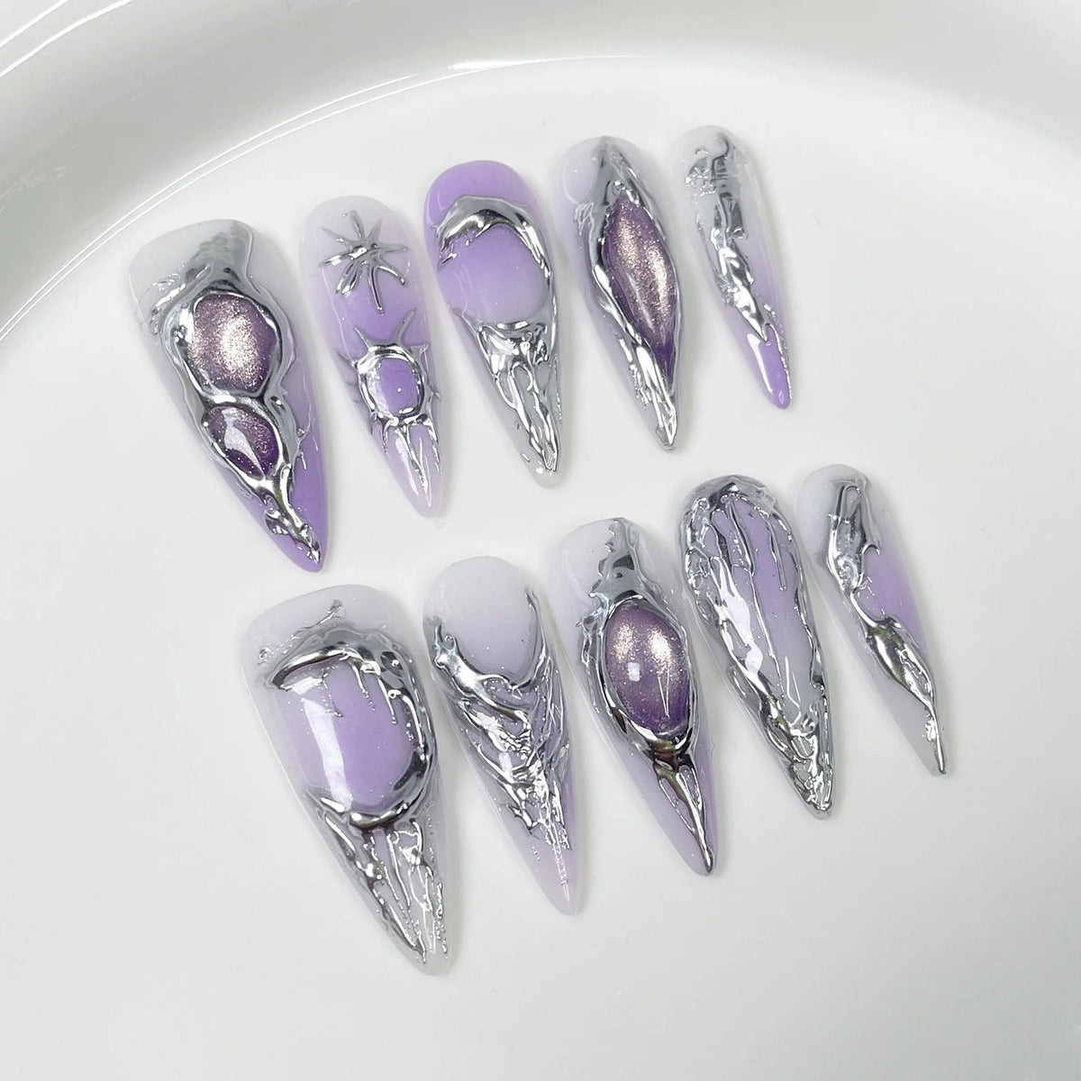 Lilac and Milky White Chrome Halloween Press On Nails with Sculptural Silver Details