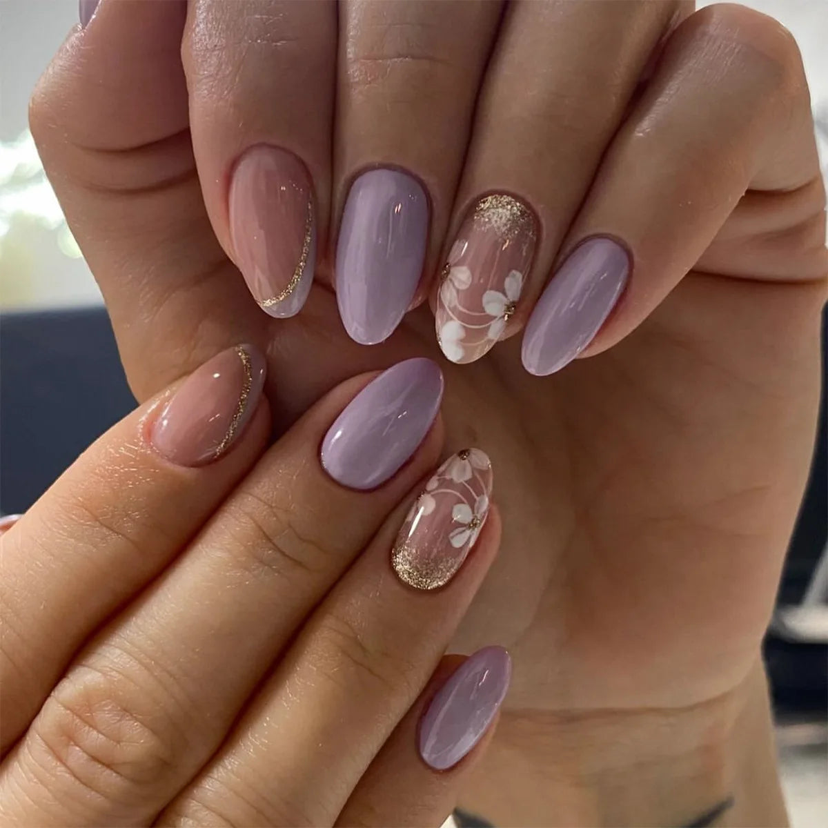 Lilac and Nude Floral French Tip Nails with Gold Glitter