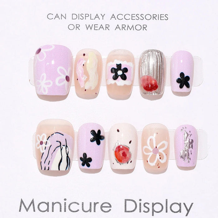 Lilac and Peach Floral Doodle Press On Nails with Silver Accents