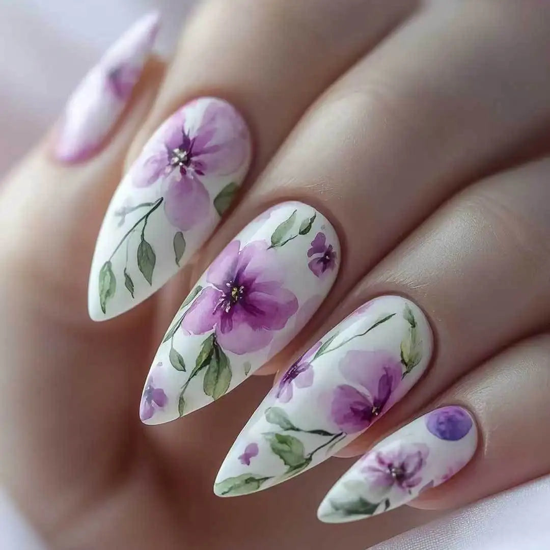 Lilac and Purple Floral Press-On Nails with Green Botanical Details