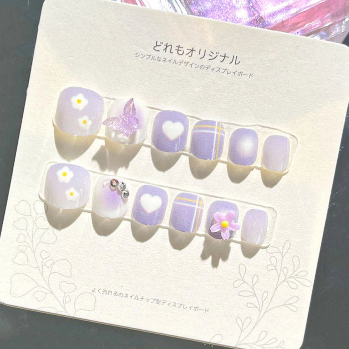 Lilac Daisy, Heart & Plaid Press On Nails with 3D Butterfly and Flower Details