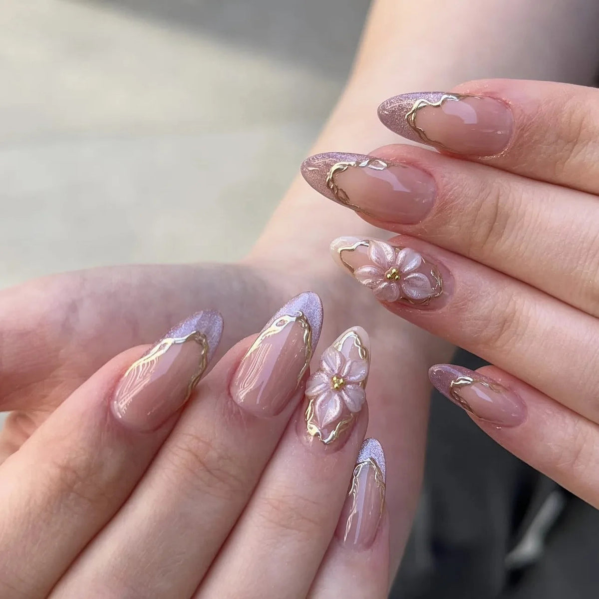 Lilac Glitter French Tip Nails with Gold Swirls and 3D Flowers