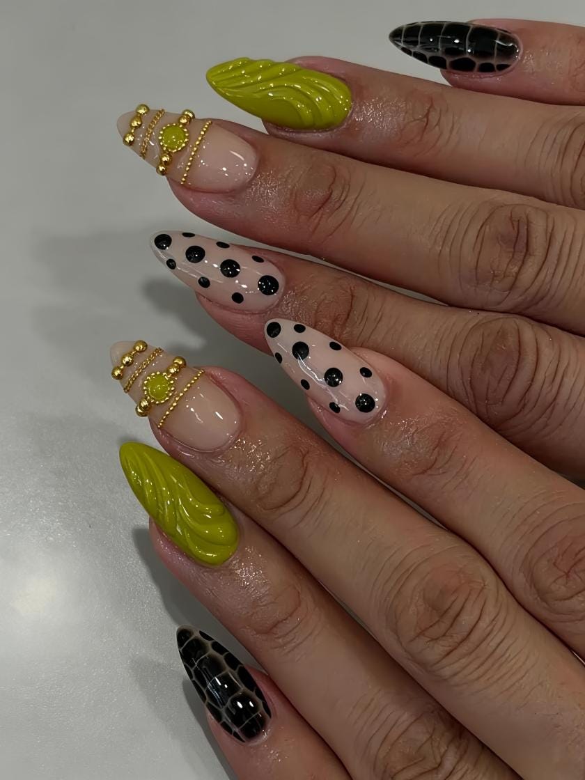 Lime Green and Black Textured Polka Dot Nail Set with Gold Bead Details