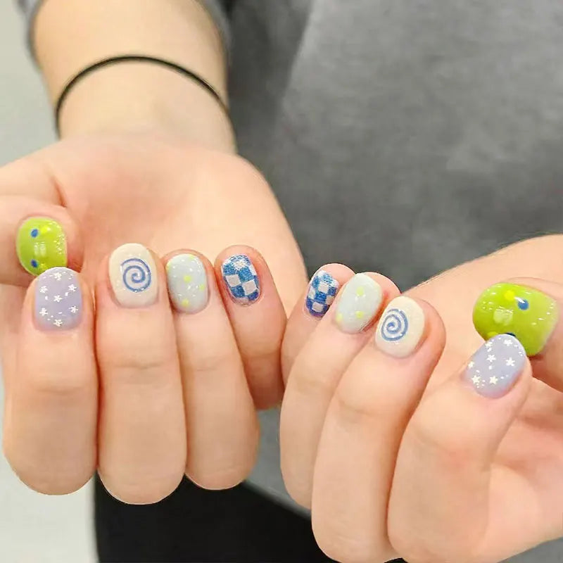 Lime Green and Blue Checkerboard Swirl Press On Nails