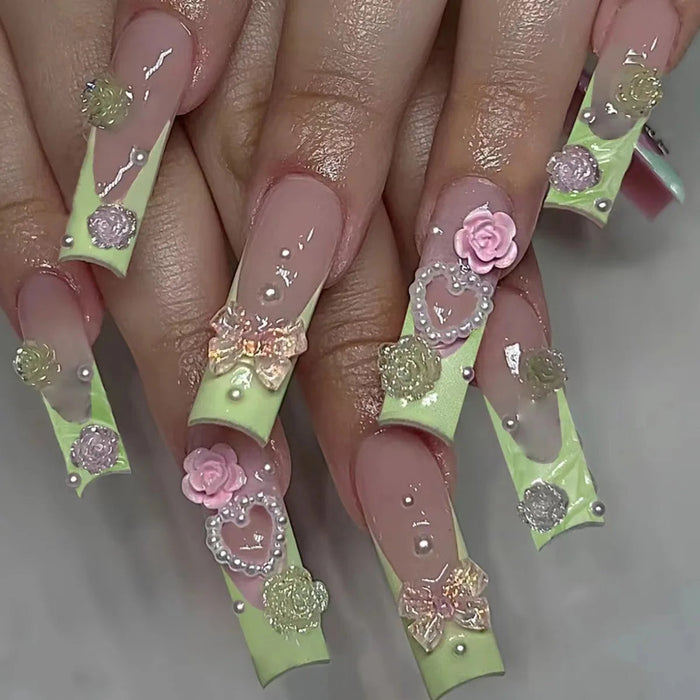 Lime Green French Tip Press On Nails With 3D Roses, Hearts and Rhinestones