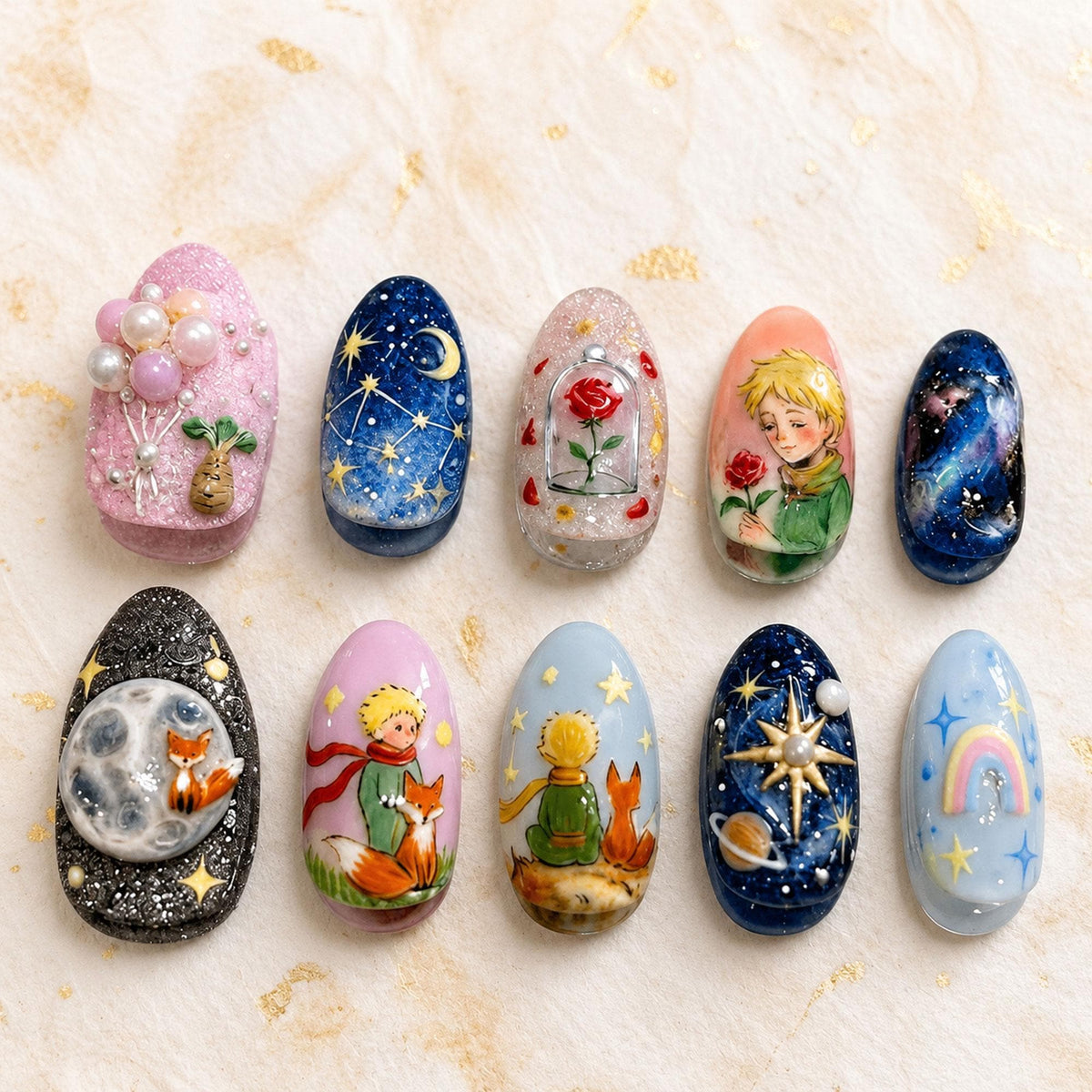 Little Prince Storybook Nails with Galaxy Skies, Rose, Fox and Star Charm