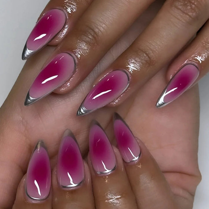 Magenta Aura Press On Nails With Silver Chrome French Tips