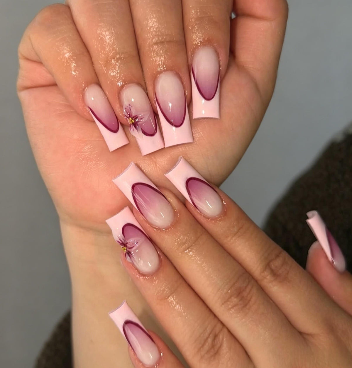 Magenta Curved French Line Nails With Pink and Gold Floral Accents