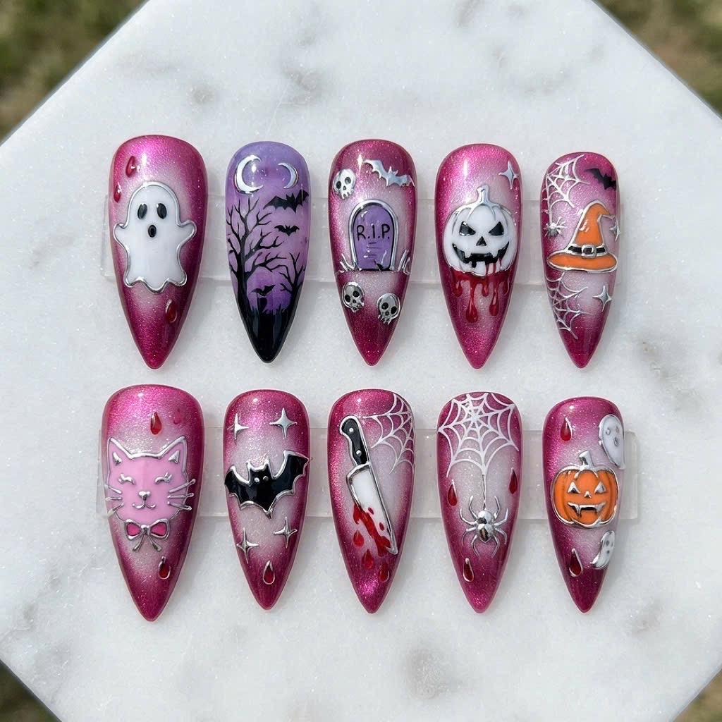 Magenta Pink Halloween Nail Set With Ghosts, Cats, Pumpkins and Spiderwebs