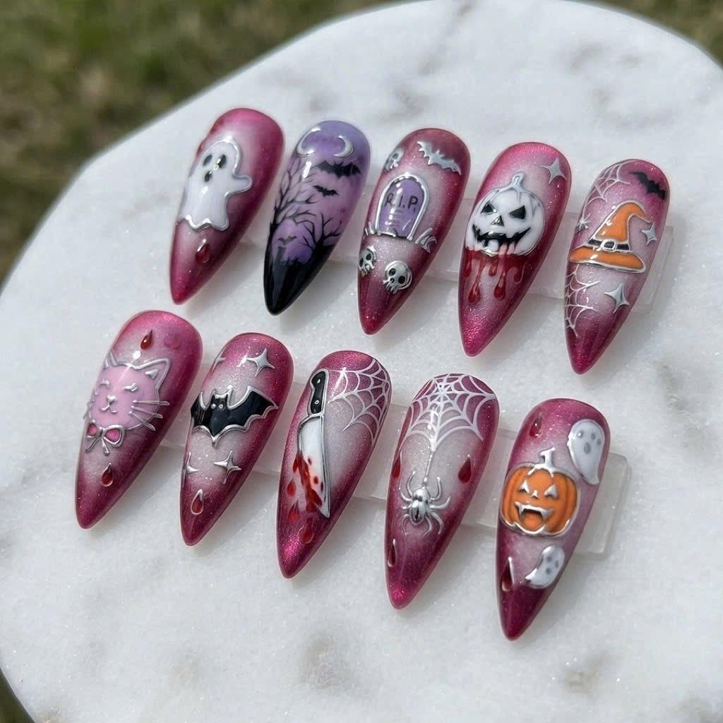 Magenta Pink Halloween Nail Set With Ghosts, Cats, Pumpkins and Spiderwebs