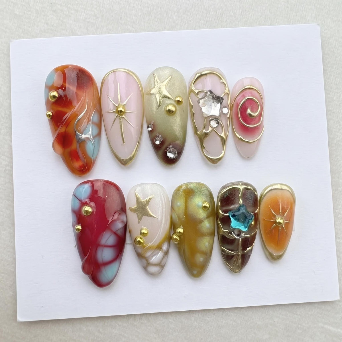 Marbled Celestial Press On Nails With Gold Swirls, Stars and Jewel Accents
