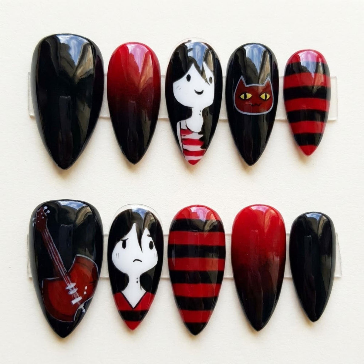 Marceline Vampire Queen Gothic Cartoon Press On Nail Set With Stripes and Guitar Art