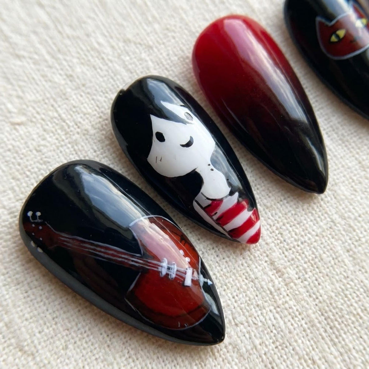 Marceline Vampire Queen Gothic Cartoon Press On Nail Set With Stripes and Guitar Art