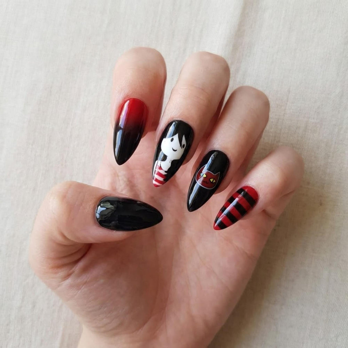 Marceline Vampire Queen Gothic Cartoon Press On Nail Set With Stripes and Guitar Art