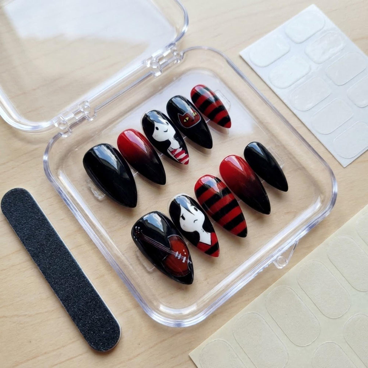 Marceline Vampire Queen Gothic Cartoon Press On Nail Set With Stripes and Guitar Art