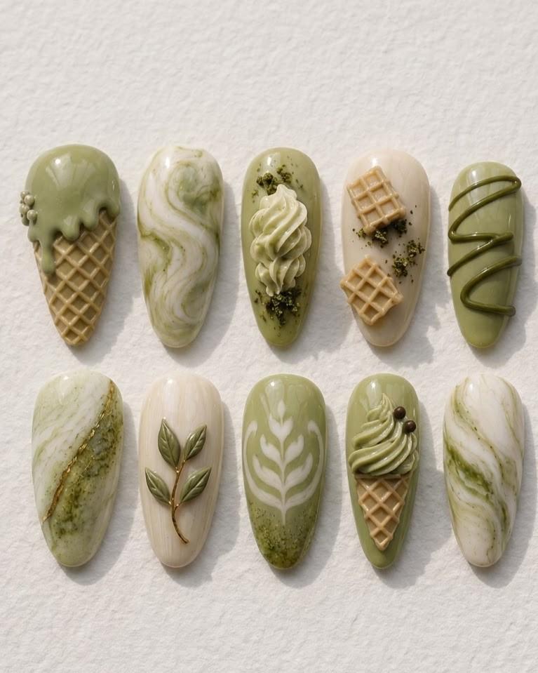 Matcha Latte and Ice Cream 3D Dessert Nail Set