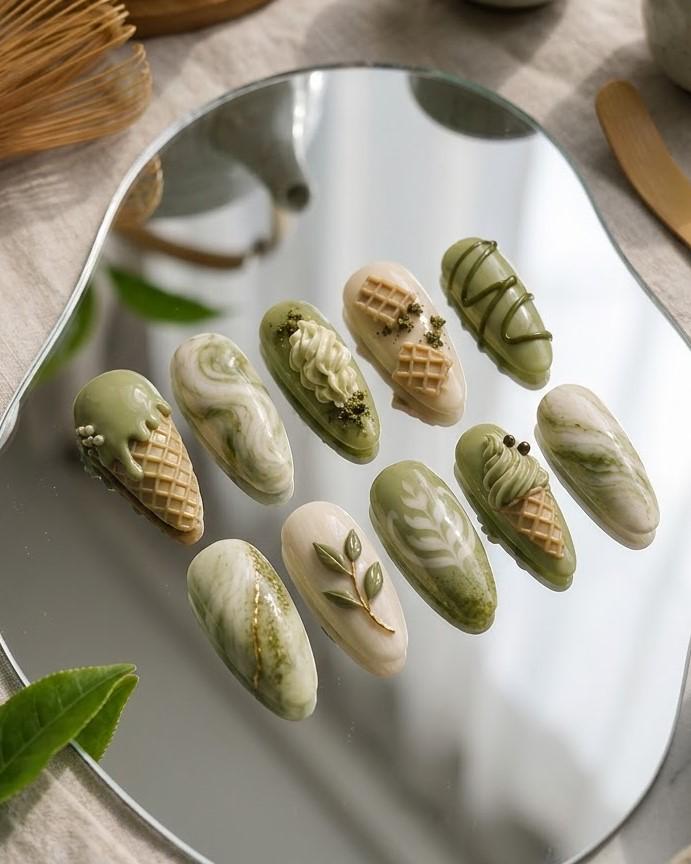 Matcha Latte and Ice Cream 3D Dessert Nail Set
