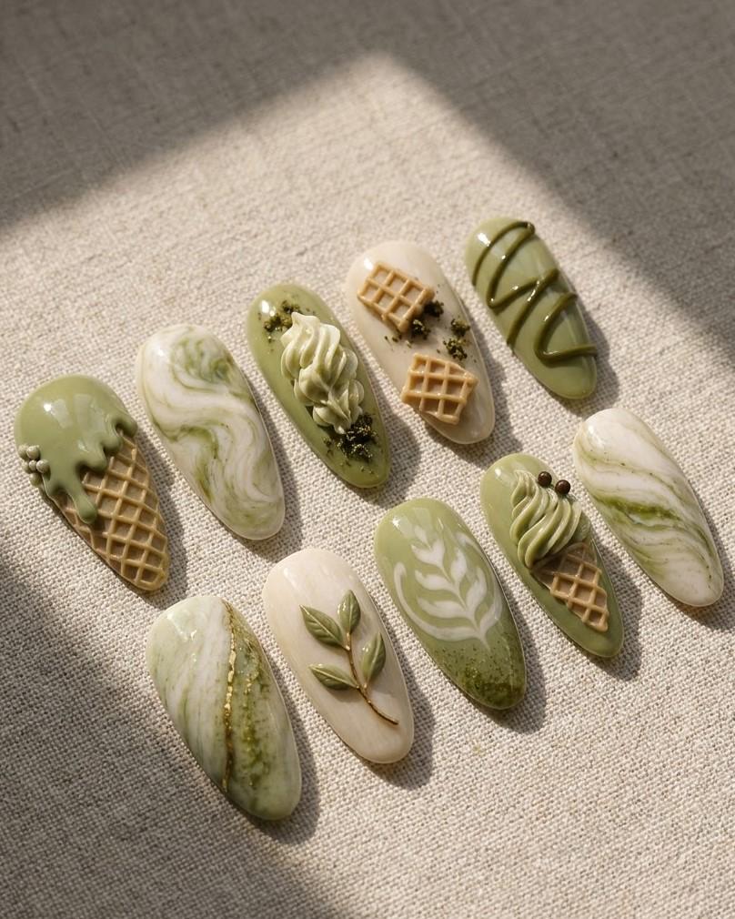 Matcha Latte and Ice Cream 3D Dessert Nail Set