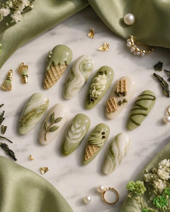 Matcha Latte and Ice Cream 3D Dessert Nail Set
