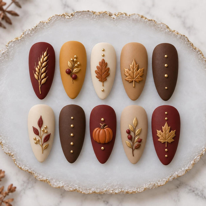 Matte Autumn Harvest Press On Nails With 3D Maple Leaves, Pumpkin and Wheat