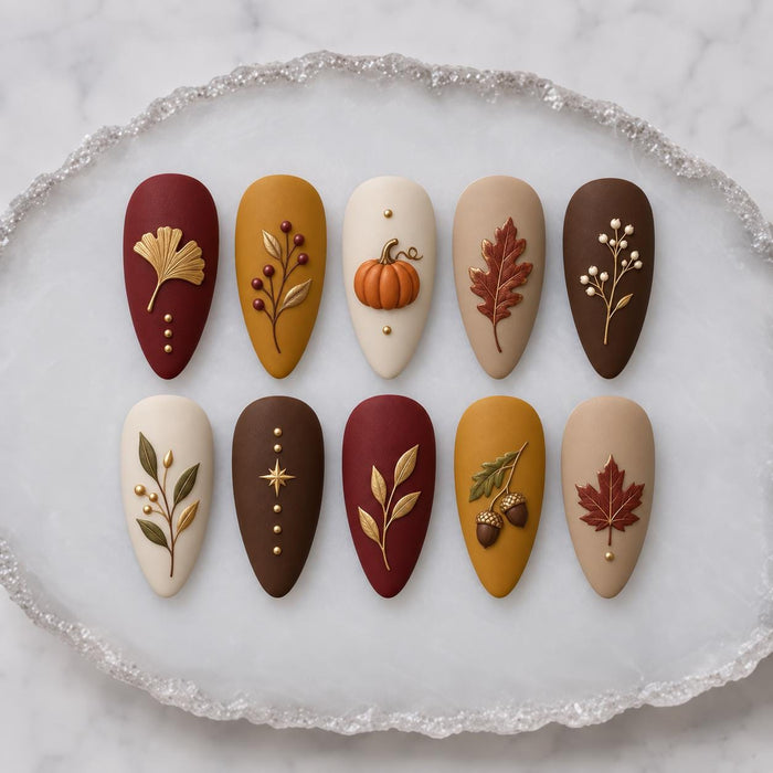 Matte Autumn Leaf, Pumpkin and Acorn Press On Nail Set in Burgundy and Earthy Tones