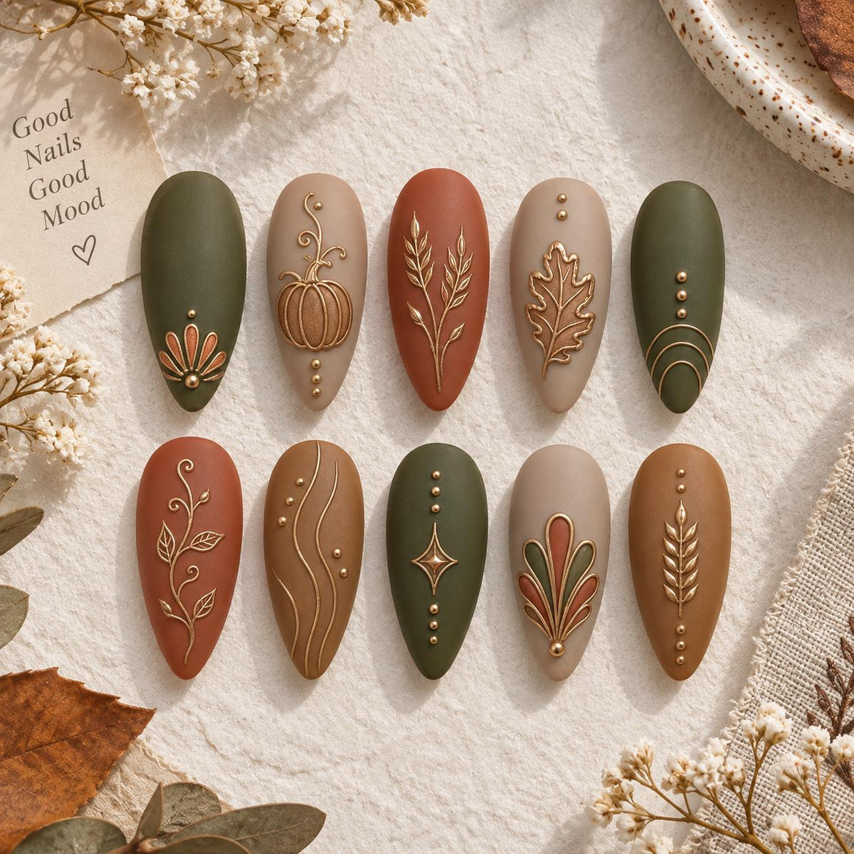 Matte Autumn Press On Nails With Gold Pumpkin and Botanical Line Art