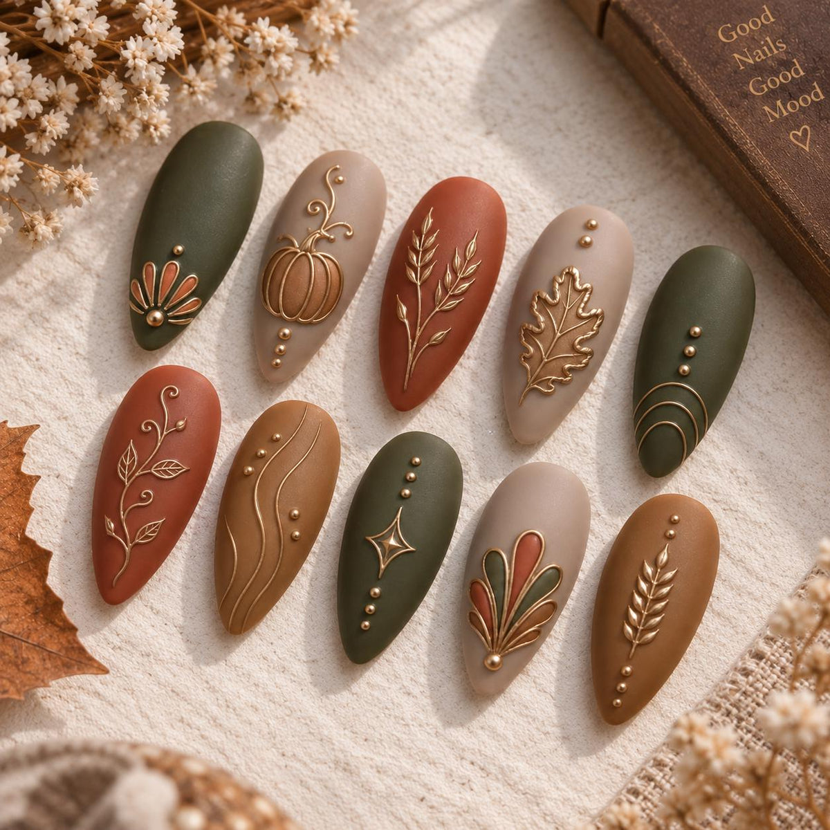Matte Autumn Press On Nails With Gold Pumpkin and Botanical Line Art